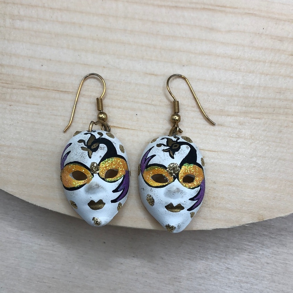 venetian face mask earrings clay-handcrafted hand painted-vintage